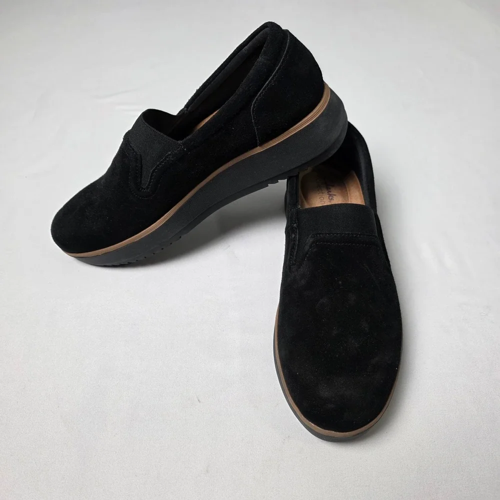 Clarks Slip On Loafers Womens 9 Black Suede Wedge Ultimate Comfort 261801184065